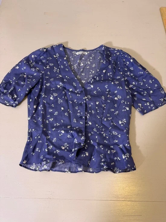 Reformation Ama Floral Puff Sleeve Button Front Top Blue Size S Romantic Blouse - Picture 3 of 11
